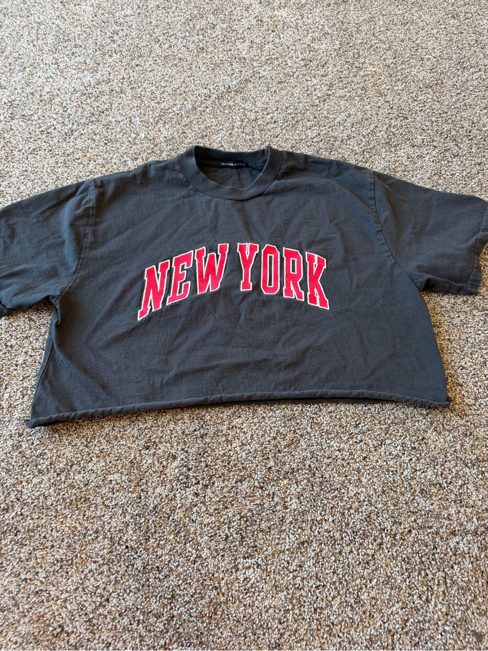 Brandy Melville New York Oversized Crop Tee Black Red Embroidered Raw Hem